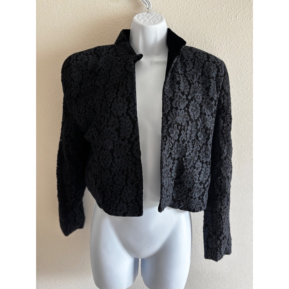 Herman Geist Vintage 80s Lace Blazer 8 Black Cropped Velvet Trim Goth Jacket